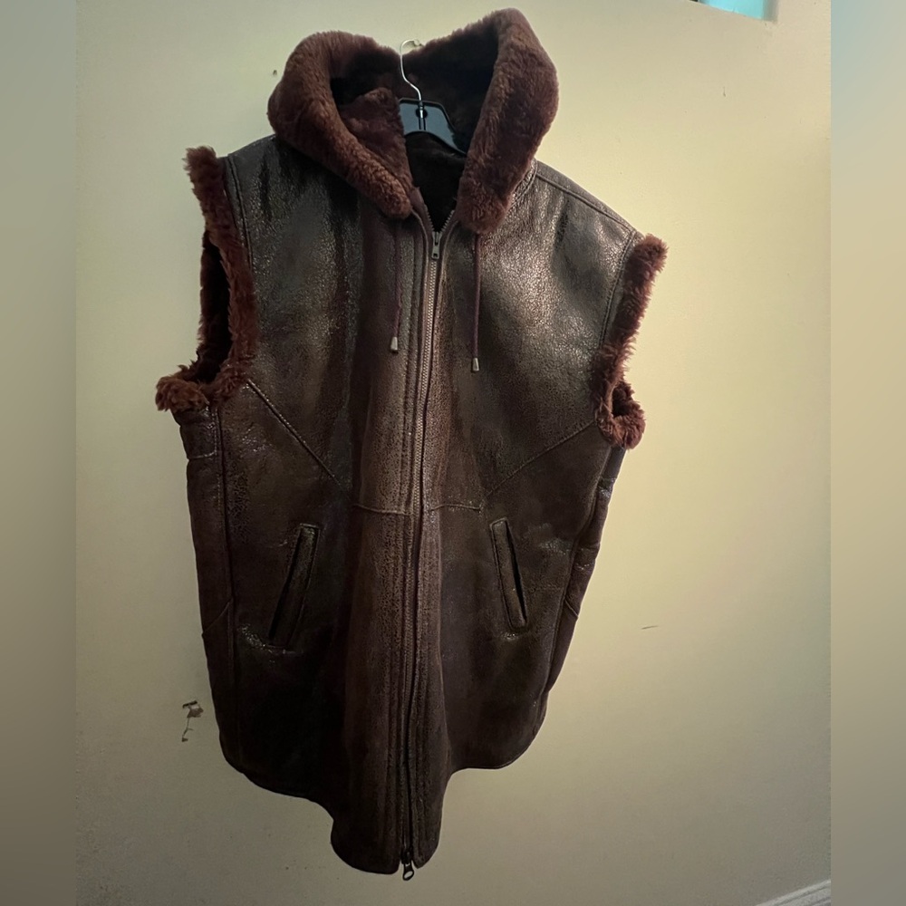 Woman’s espresso Brown Shearling Vest with hoodie